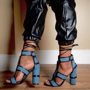 Cachet Denim Lace-up Chunky Heels